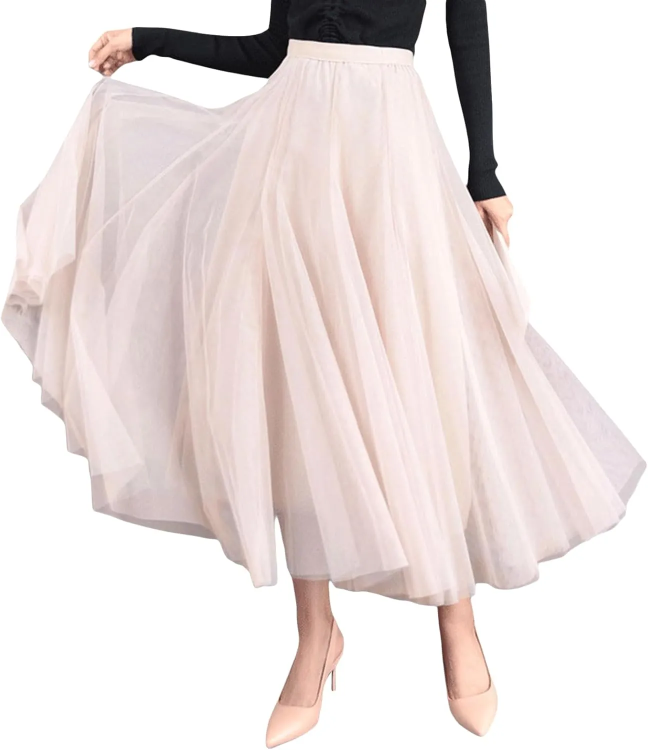 Tulle Skirts for Women Pleated Layered Tutu Skirt Ladies Elegant Flowy Long Skirts Bridesmaid Wedding Midi Skirt