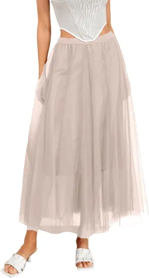 Tulle Skirts for Women Pleated Layered Tutu Skirt Ladies Elegant Flowy Long Skirts Bridesmaid Wedding Midi Skirt