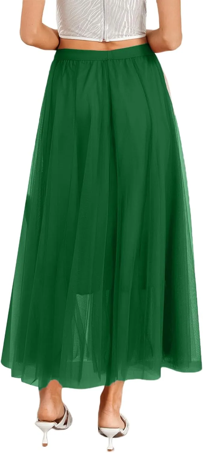 Tulle Skirts for Women Pleated Layered Tutu Skirt Ladies Elegant Flowy Long Skirts Bridesmaid Wedding Midi Skirt