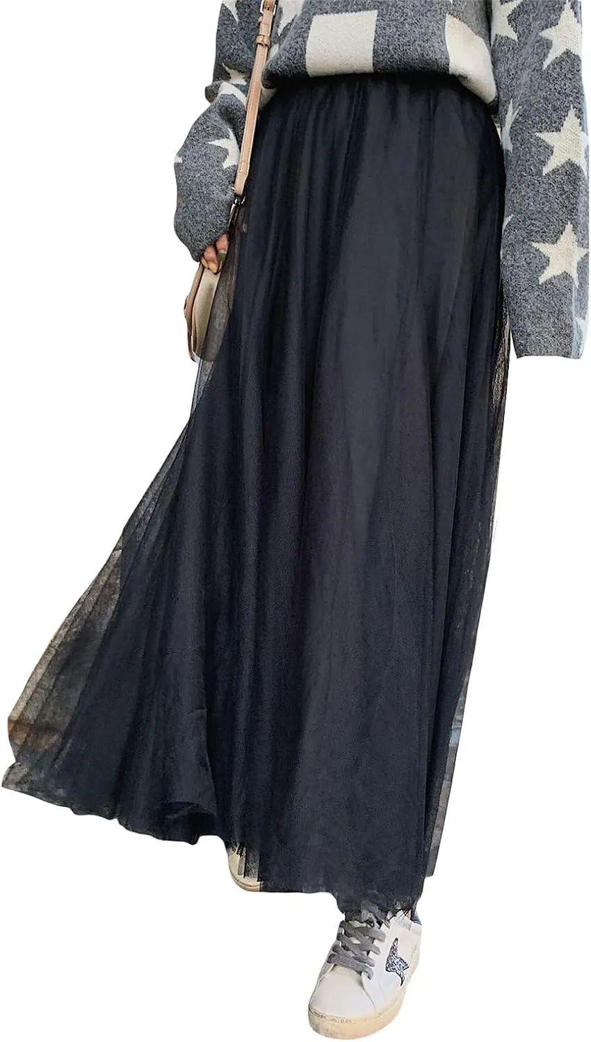 Tulle Skirts for Women Pleated Layered Tutu Skirt Ladies Elegant Flowy Long Skirts Bridesmaid Wedding Midi Skirt