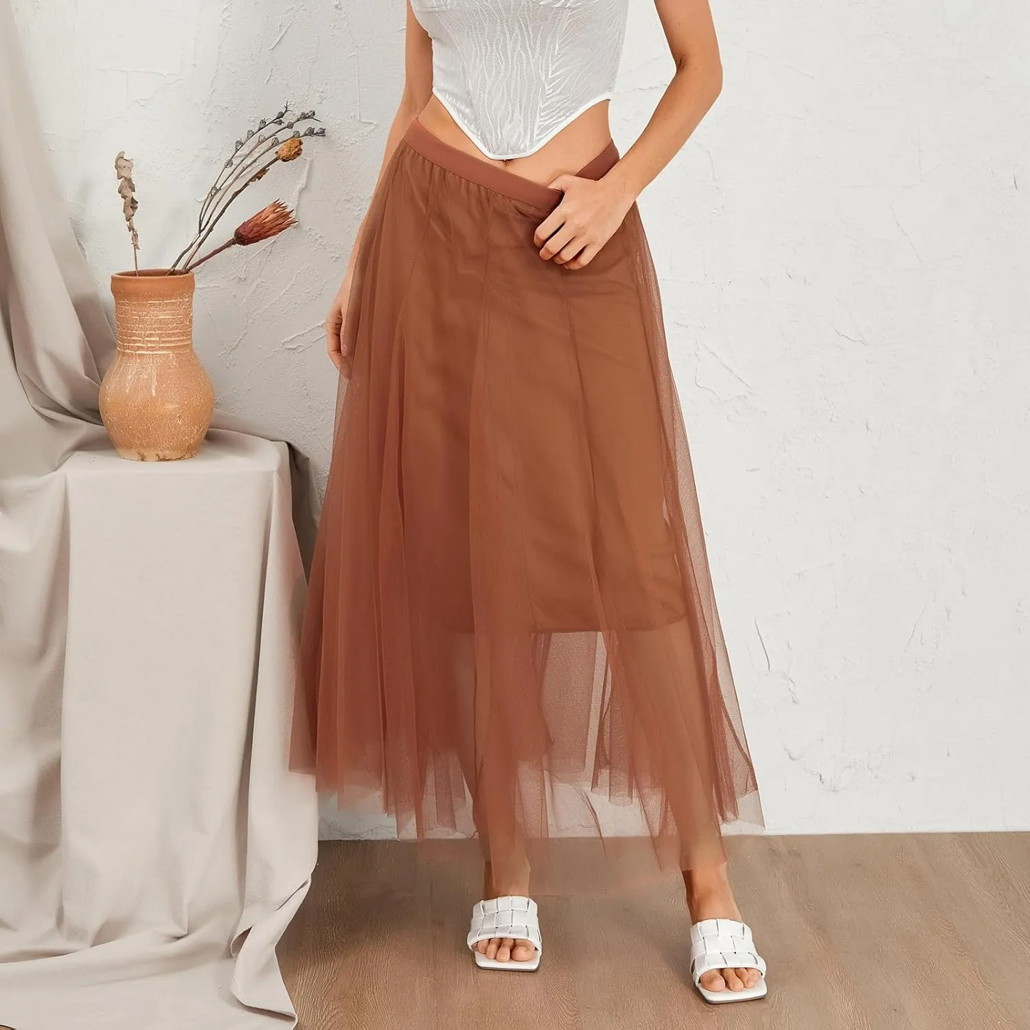 Tulle Skirts for Women Pleated Layered Tutu Skirt Ladies Elegant Flowy Long Skirts Bridesmaid Wedding Midi Skirt