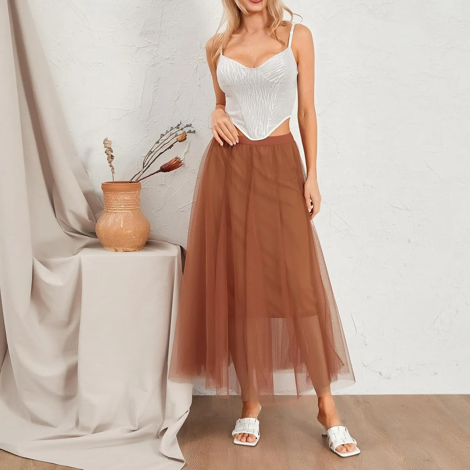 Tulle Skirts for Women Pleated Layered Tutu Skirt Ladies Elegant Flowy Long Skirts Bridesmaid Wedding Midi Skirt