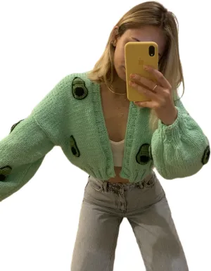 UAURORAO Women Oversized Cute Cardigan Fruit Embroidered Cropped Sweater Coat Button Chunky Knit Aesthetic Cardigans