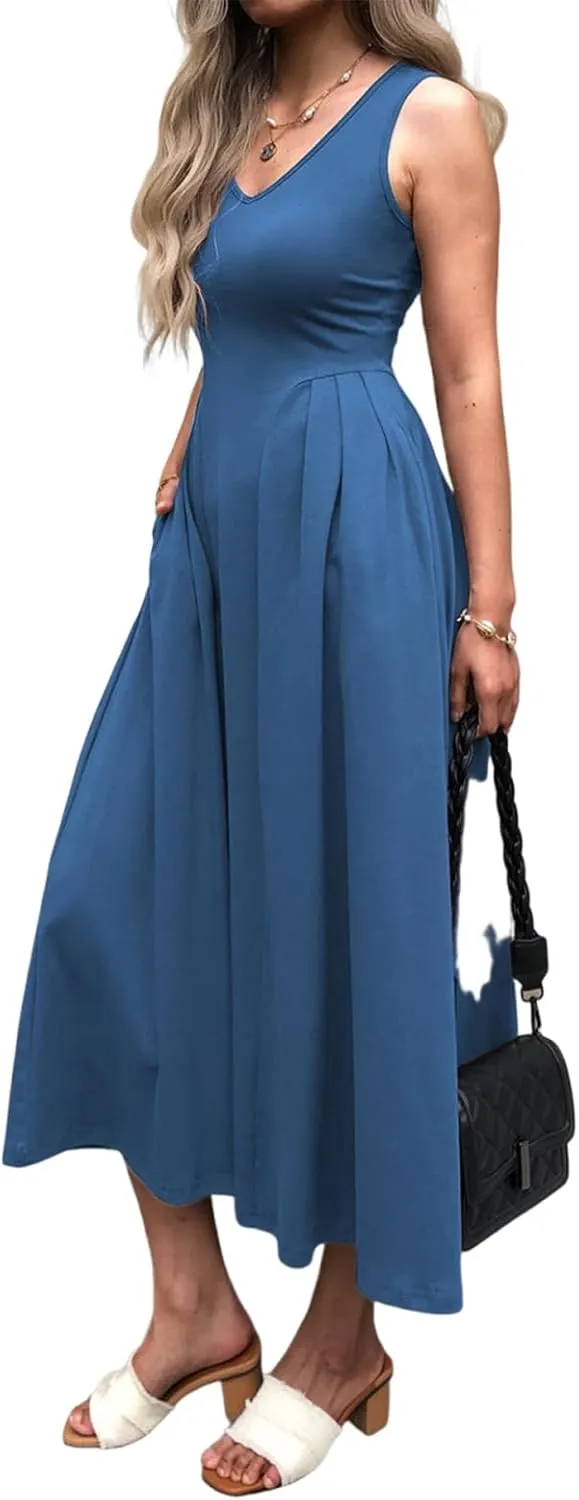 utcoco Womens 2025 Summer Sleeveless V Neck Loose Casual Tank Dress Beach Vacation Swing Sundress with Pockets