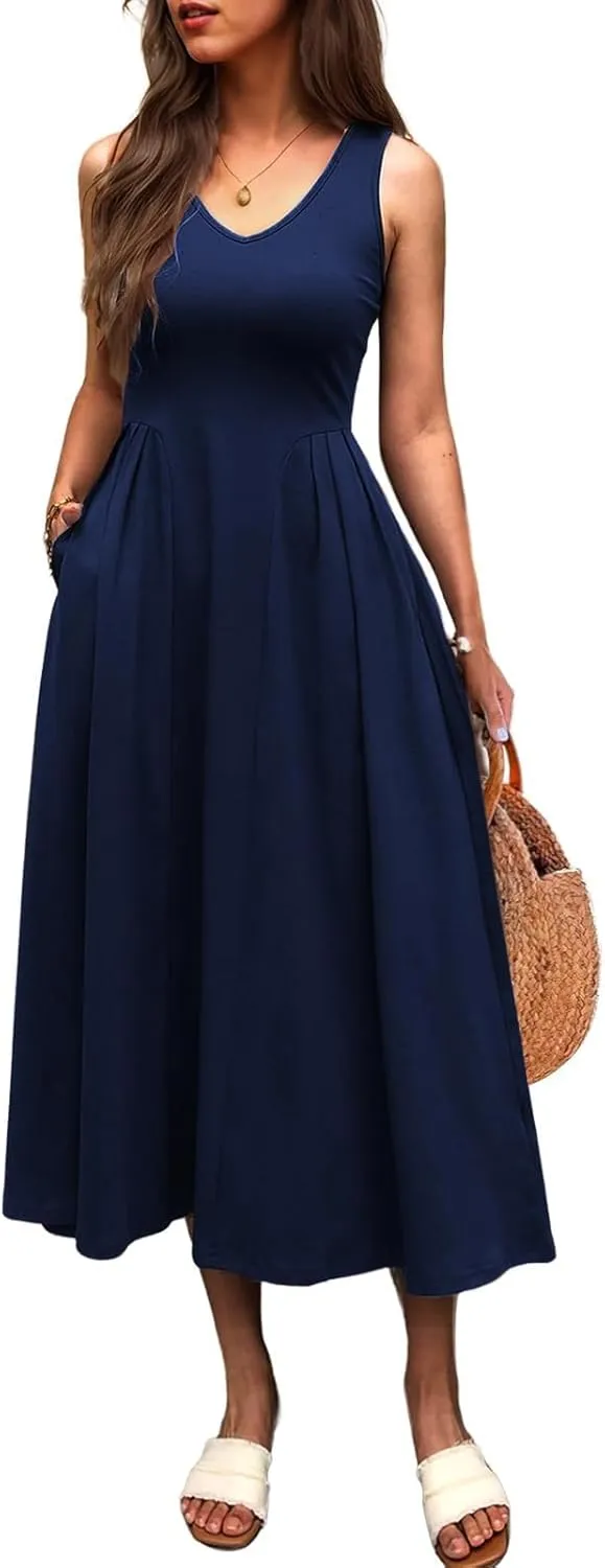 utcoco Womens 2025 Summer Sleeveless V Neck Loose Casual Tank Dress Beach Vacation Swing Sundress with Pockets