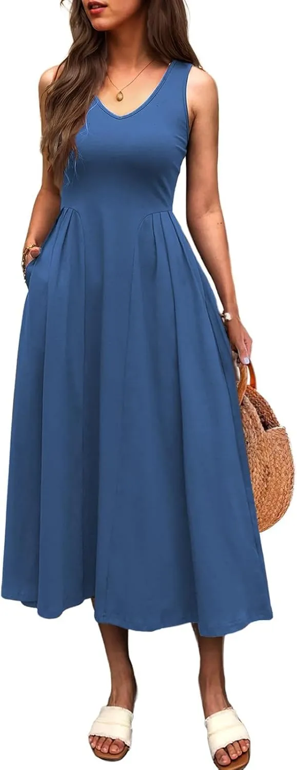 utcoco Womens 2025 Summer Sleeveless V Neck Loose Casual Tank Dress Beach Vacation Swing Sundress with Pockets