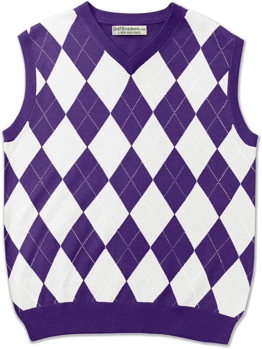 V-Neck Argyle Golf Sweater Vests - GolfKnickers: Mens - Pullover - (EE-6Z)