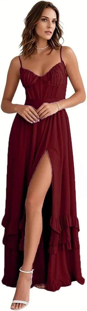 V Neck Chiffon Bridesmaid Dresses for Women Long A Line Plus Size Floral Formal Evening Gowns with Slit