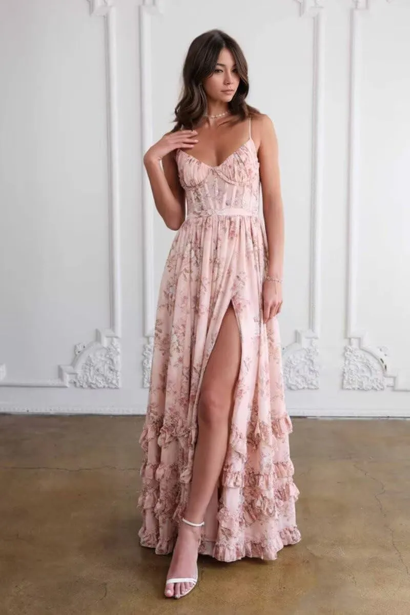 V Neck Chiffon Bridesmaid Dresses for Women Long A Line Plus Size Floral Formal Evening Gowns with Slit