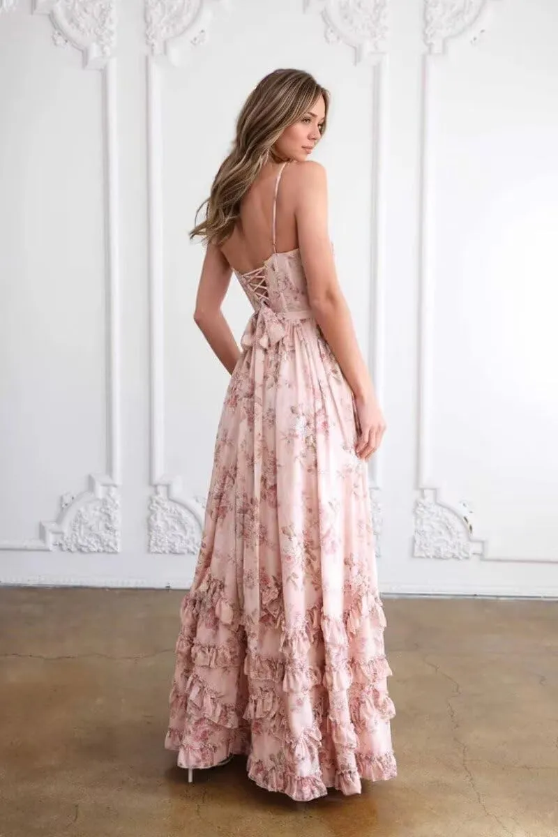 V Neck Chiffon Bridesmaid Dresses for Women Long A Line Plus Size Floral Formal Evening Gowns with Slit