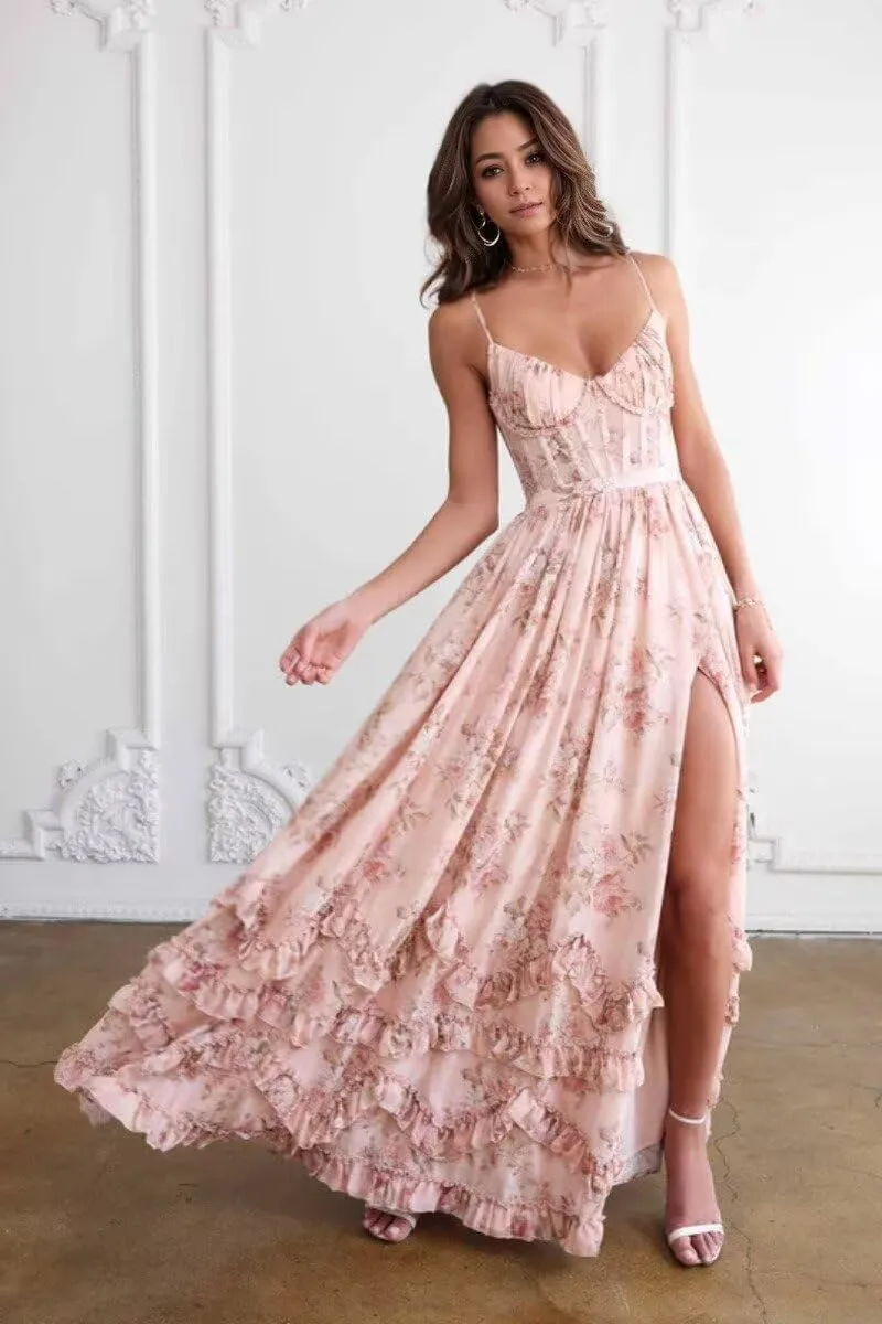 V Neck Chiffon Bridesmaid Dresses for Women Long A Line Plus Size Floral Formal Evening Gowns with Slit