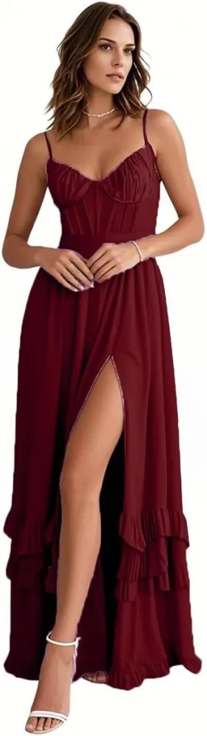 V Neck Chiffon Bridesmaid Dresses for Women Long A Line Plus Size Floral Formal Evening Gowns with Slit