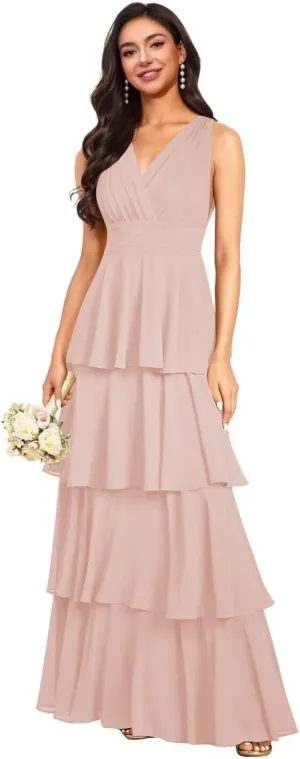 V Neck Tiered Bridesmaid Dresses Long for Women Ruffles Chiffon Formal Evening Dresses