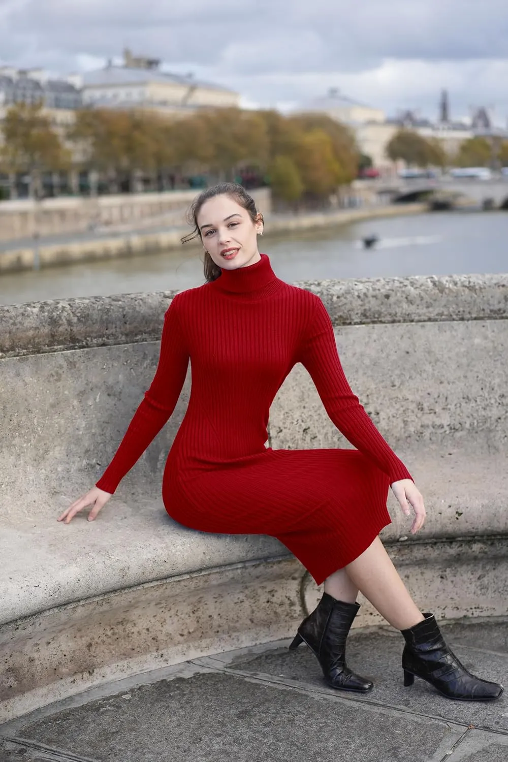 v28 Women Stretchable Knitted Long Sleeve Slim Fitted Ribbed Soft Sweater Dress