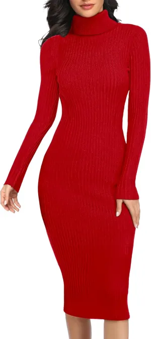v28 Women Stretchable Knitted Long Sleeve Slim Fitted Ribbed Soft Sweater Dress