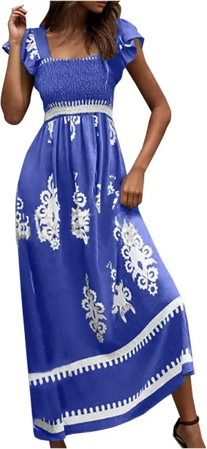 Vacation Dresses for Women 2025 Holiday Style Printed Sundress Summer Dress Square Neck Beach Sundresses