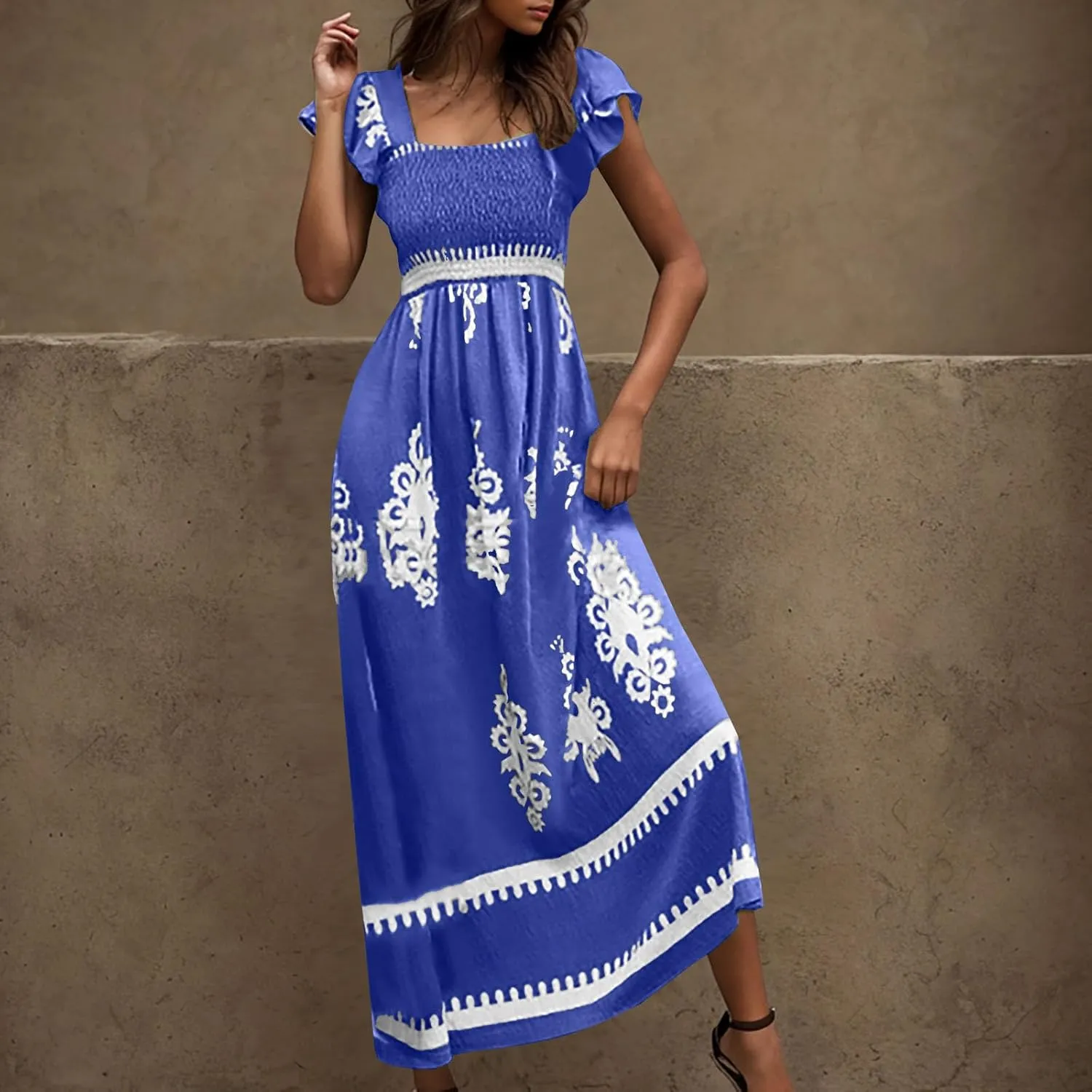 Vacation Dresses for Women 2025 Holiday Style Printed Sundress Summer Dress Square Neck Beach Sundresses
