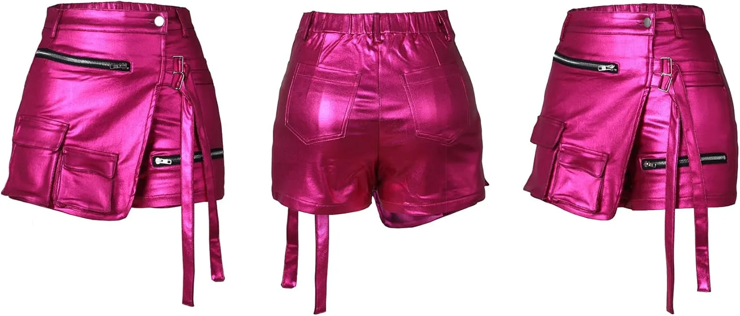 Vakkest Women's Metallic Cargo Shorts Summer PU Leather Irregular Split with Pockets Stretchy Y2K Streetwear Skirt Skorts
