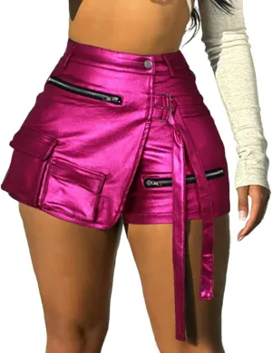 Vakkest Women's Metallic Cargo Shorts Summer PU Leather Irregular Split with Pockets Stretchy Y2K Streetwear Skirt Skorts