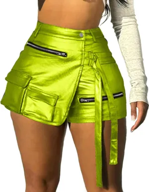 Vakkest Women's Metallic Cargo Shorts Summer PU Leather Irregular Split with Pockets Stretchy Y2K Streetwear Skirt Skorts