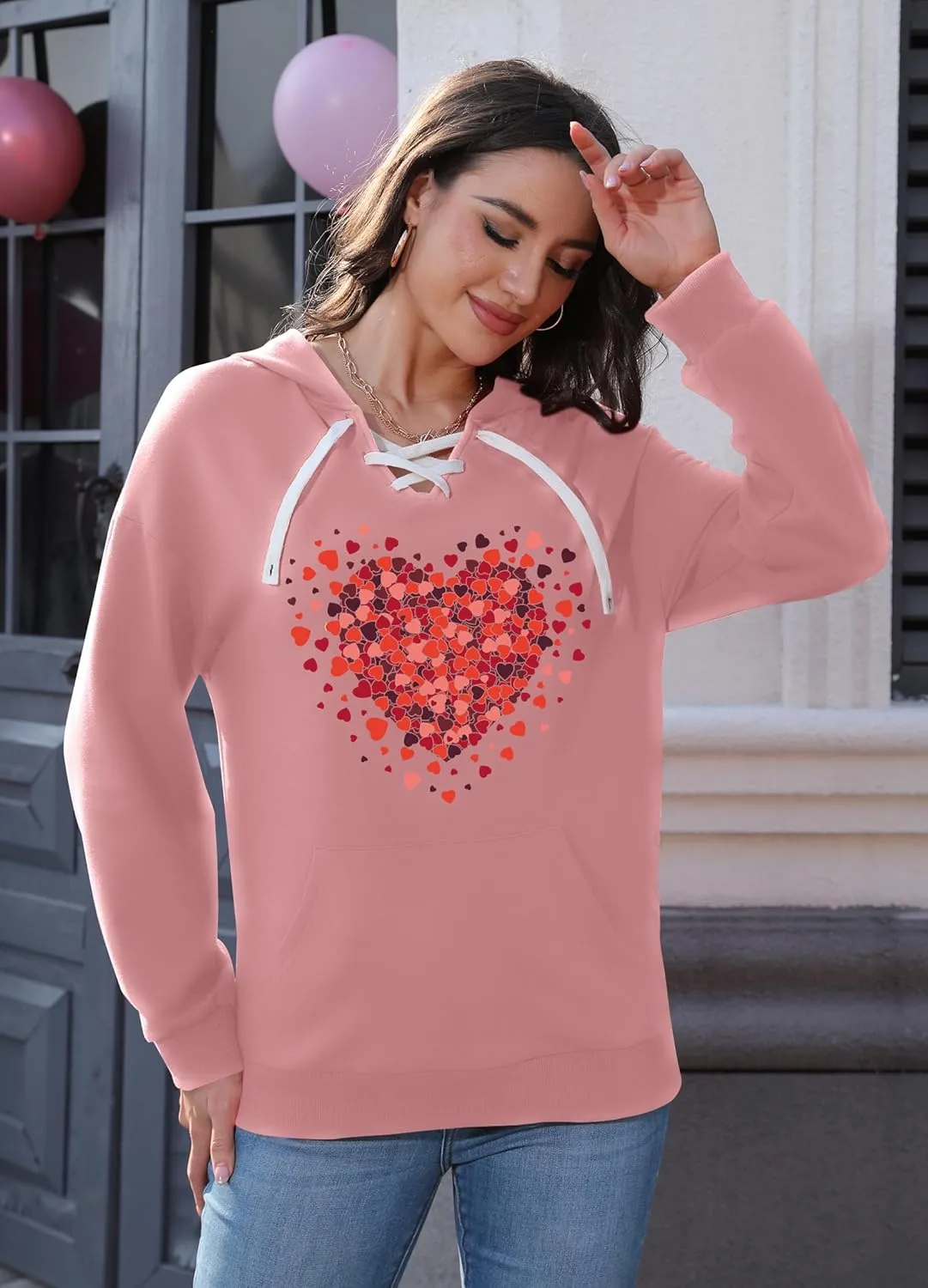 Valentines Sweatshirt Women: Love Heart Graphic Hoodie Long Sleeve Shirt Lovers Gift Pullover Top