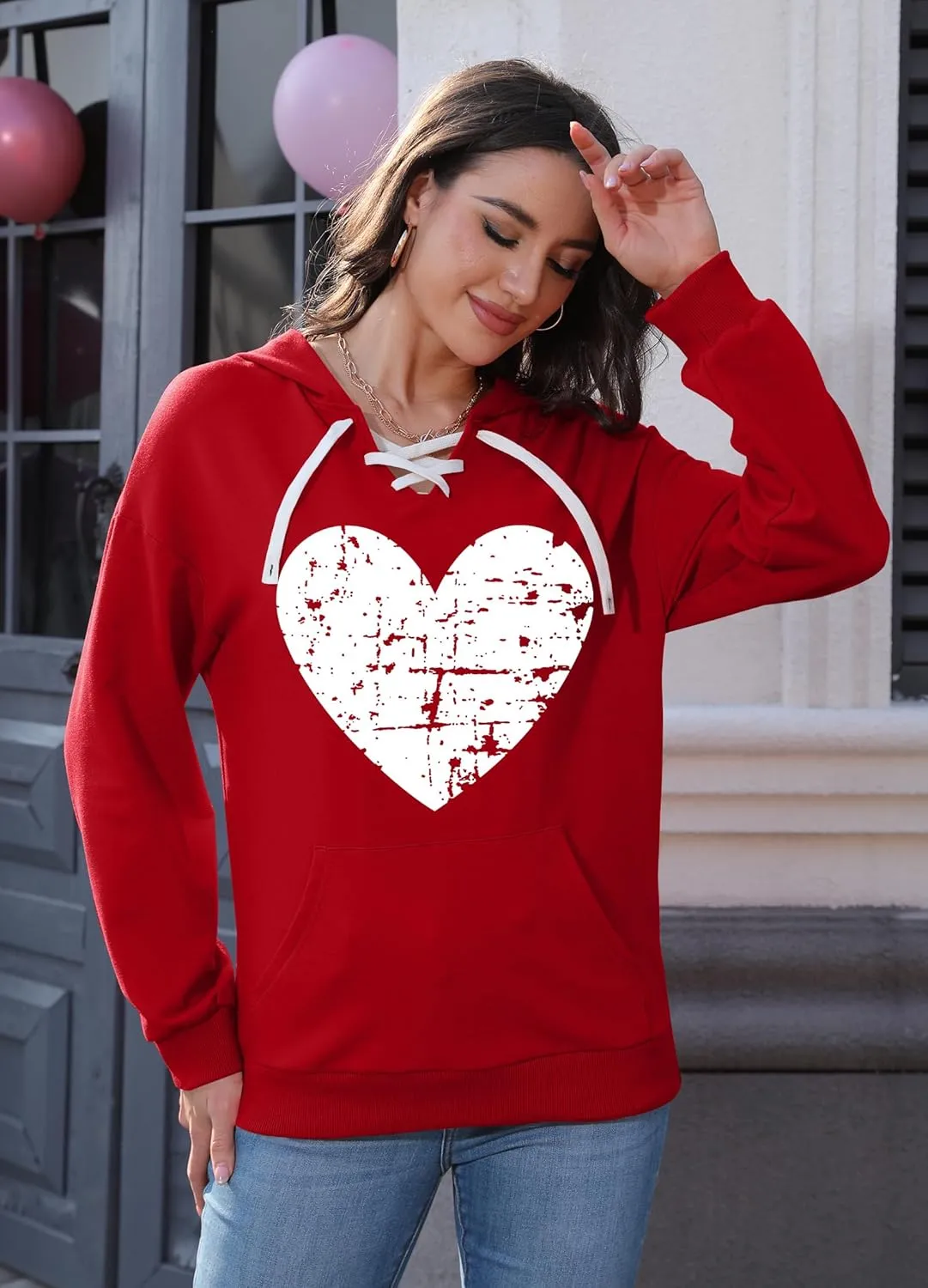 Valentines Sweatshirt Women: Love Heart Graphic Hoodie Long Sleeve Shirt Lovers Gift Pullover Top