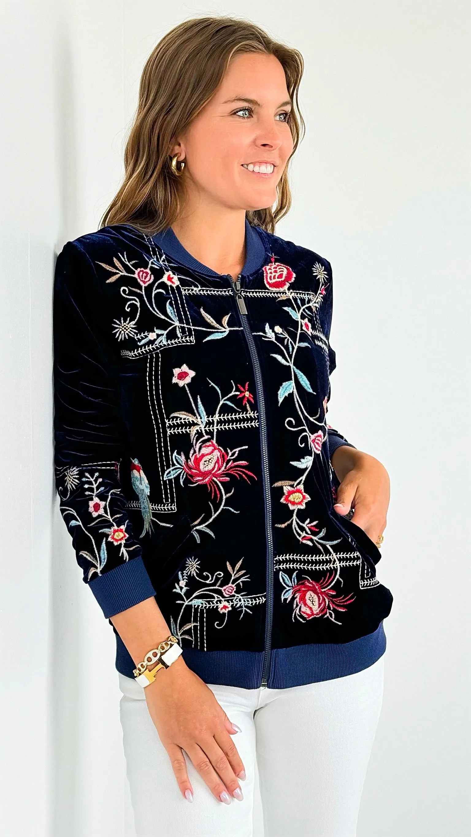 Velvet Floral Zip- Up Jacket
