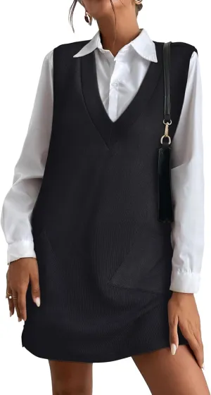 VETIOR Women's Sweater Vest Dresses Overall V Neck Sleeveless Cute Pinafore Dress with Pockets 2025