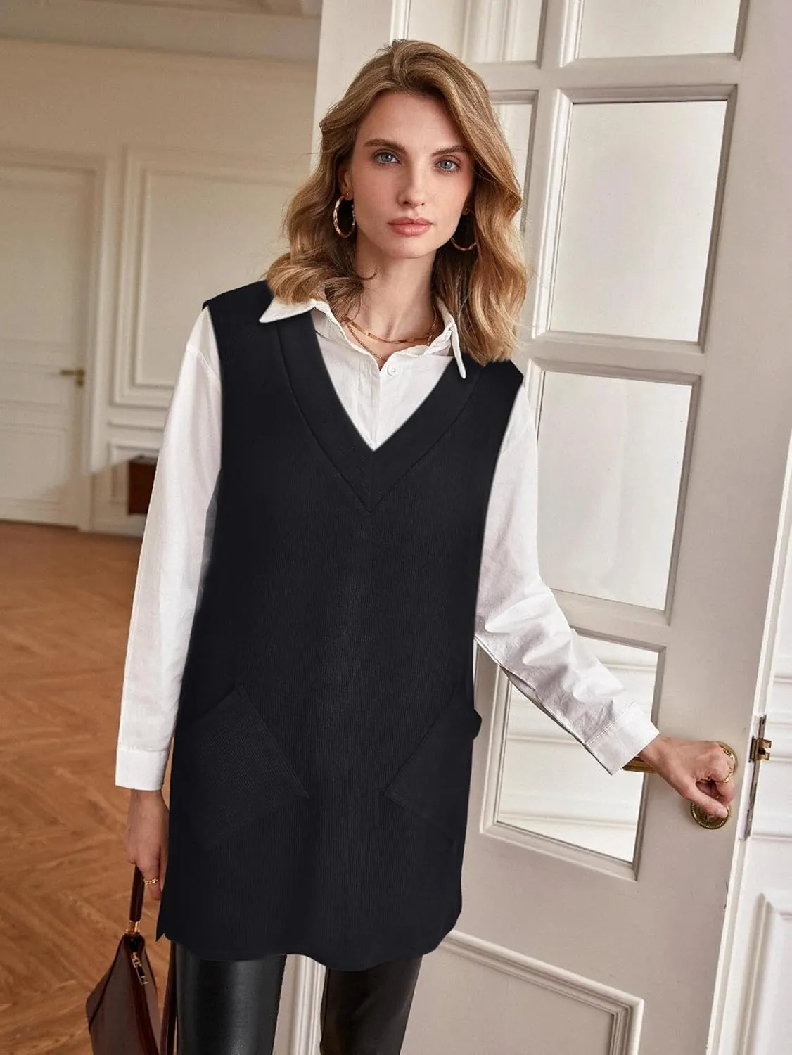 VETIOR Women's Sweater Vest Dresses Overall V Neck Sleeveless Cute Pinafore Dress with Pockets 2025