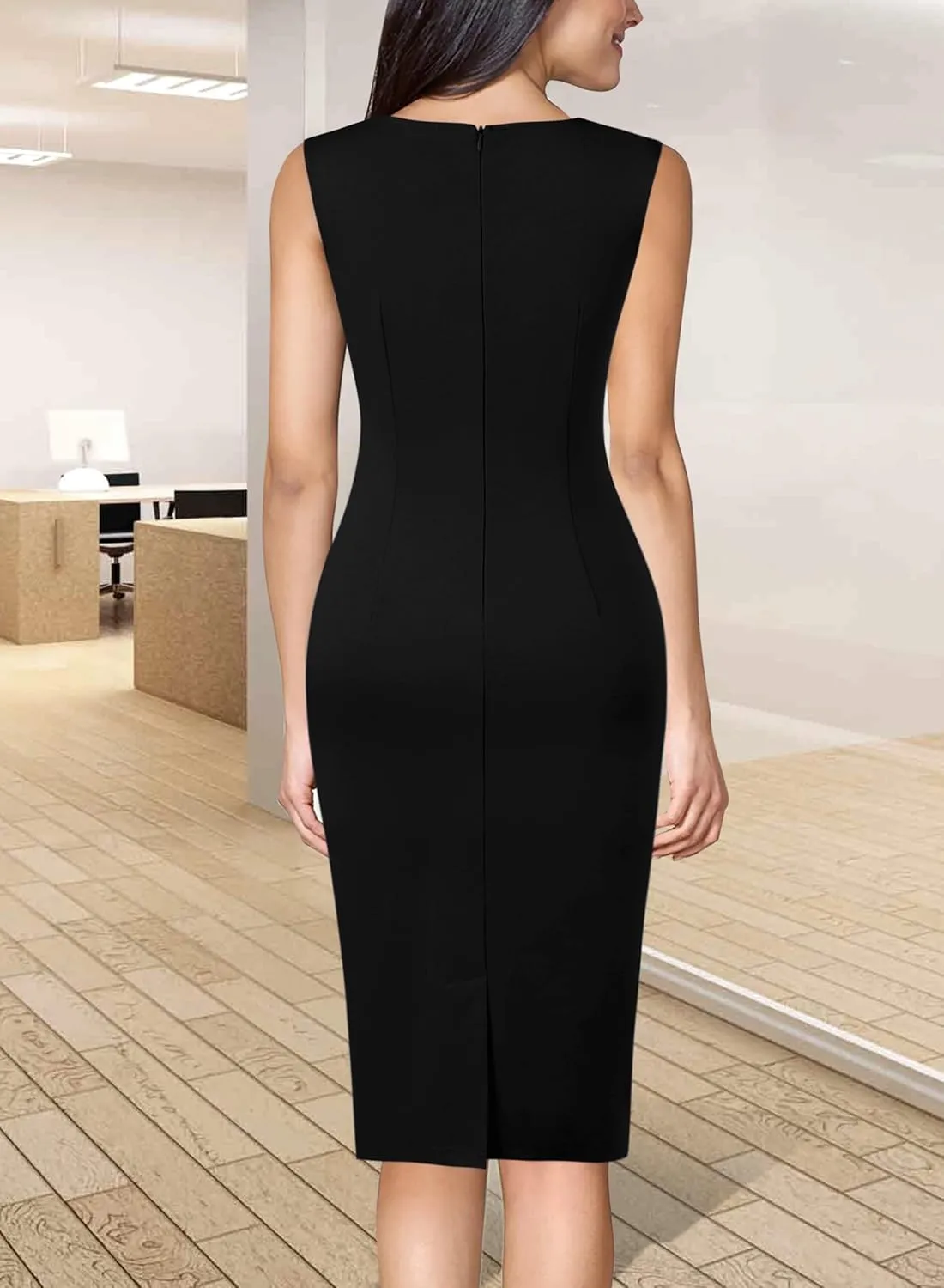 VFSHOW Womens Colorblock Patchwork Slim Front Zipper Work Business Office Party Bodycon Pencil Sheath Dress