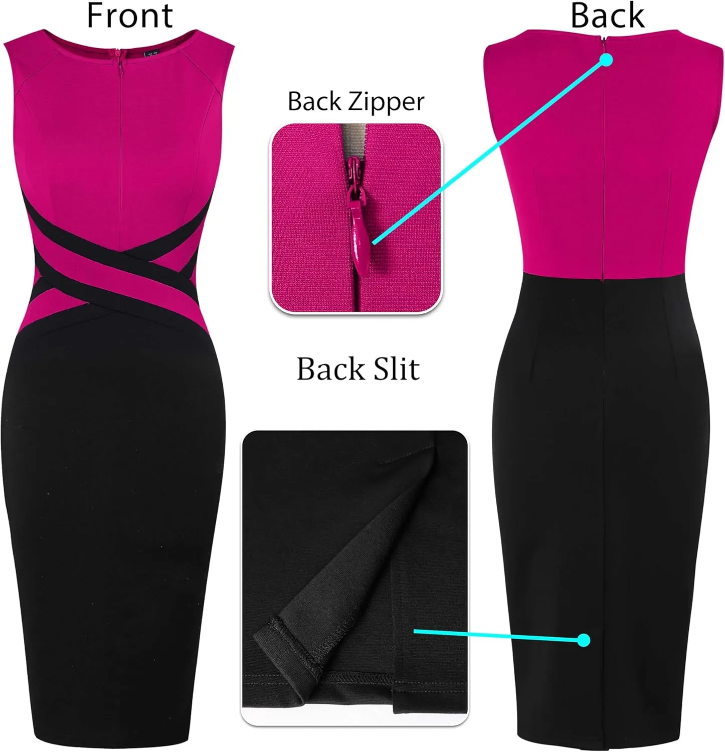 VFSHOW Womens Colorblock Patchwork Slim Front Zipper Work Business Office Party Bodycon Pencil Sheath Dress