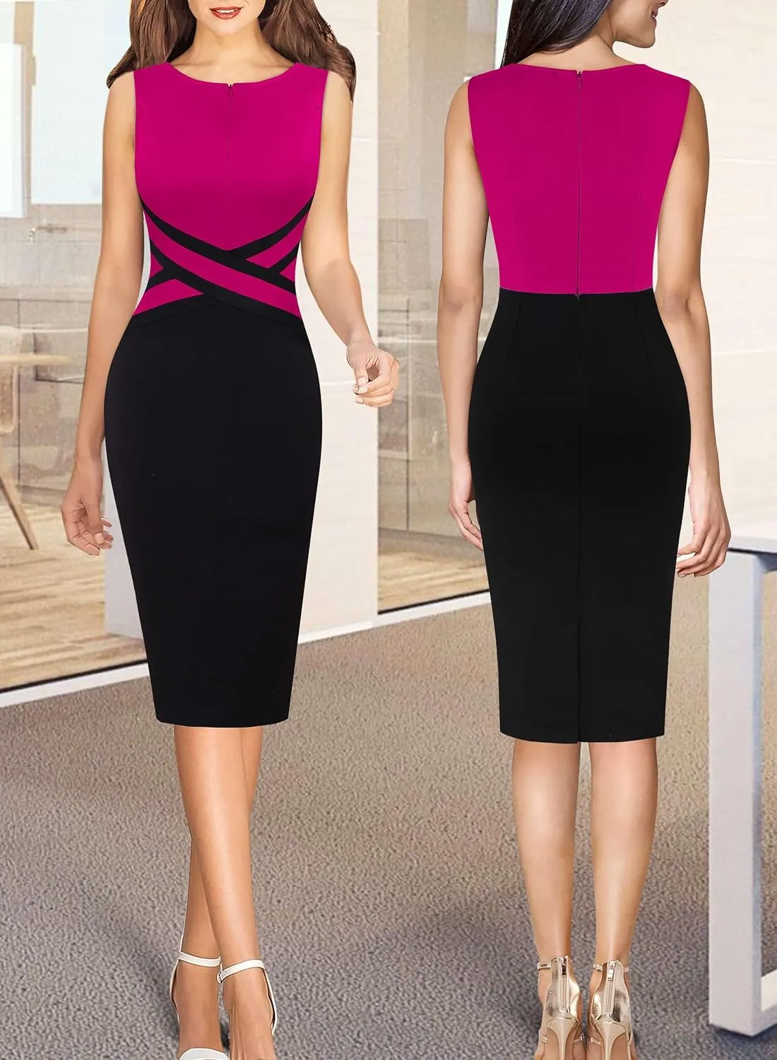 VFSHOW Womens Colorblock Patchwork Slim Front Zipper Work Business Office Party Bodycon Pencil Sheath Dress