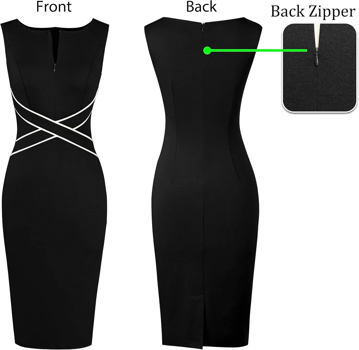 VFSHOW Womens Colorblock Patchwork Slim Front Zipper Work Business Office Party Bodycon Pencil Sheath Dress