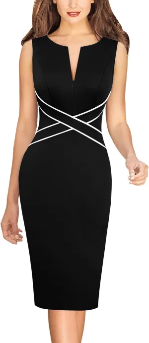 VFSHOW Womens Colorblock Patchwork Slim Front Zipper Work Business Office Party Bodycon Pencil Sheath Dress