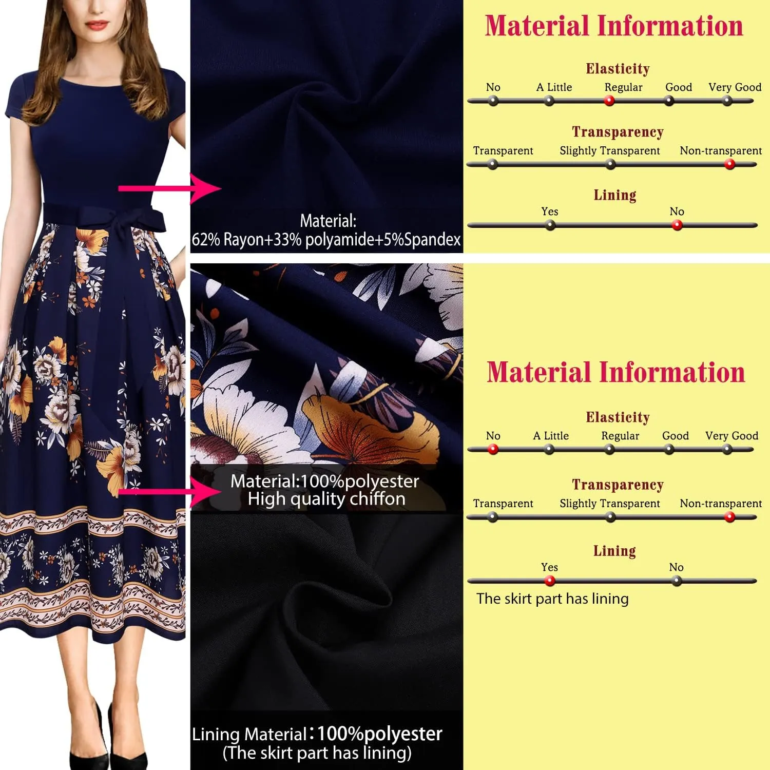 VFSHOW Womens Elegant Patchwork Pockets Belted Pleated Work Office Business Casual Party A-Line Midi Dress