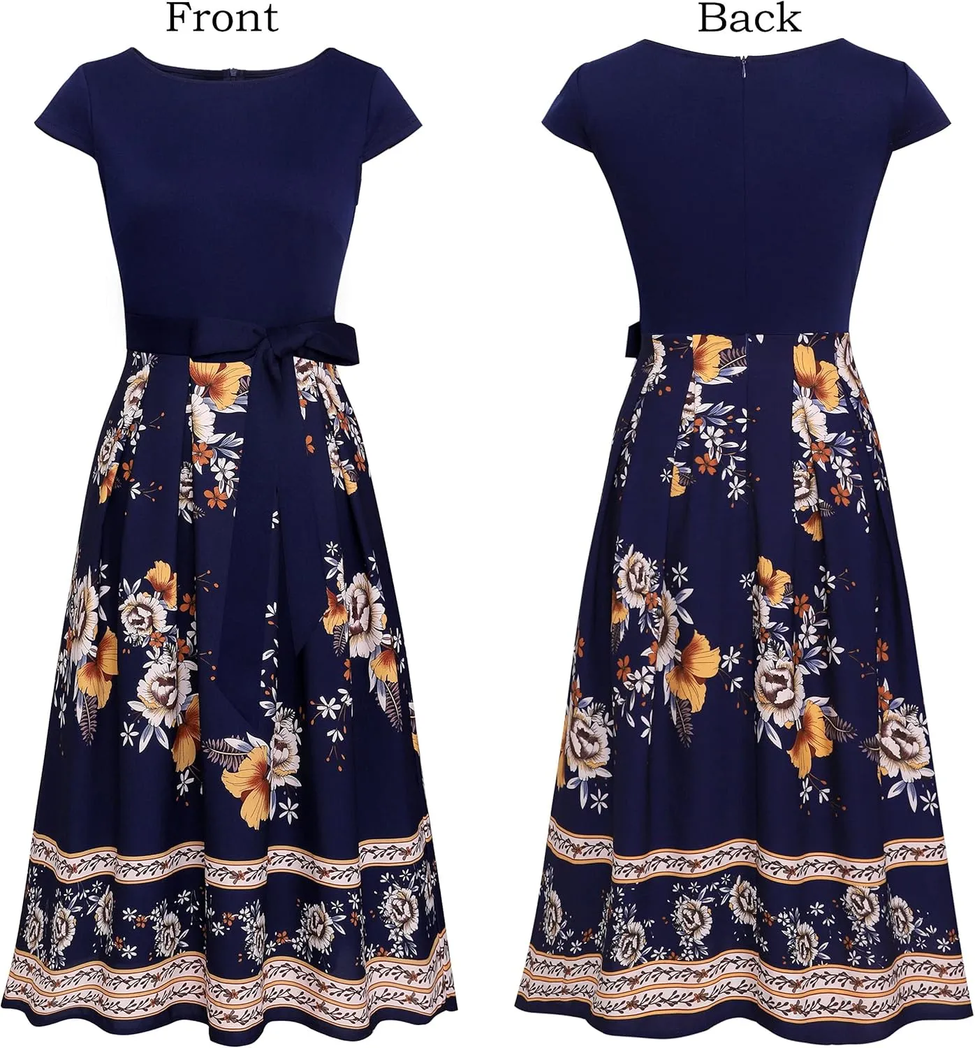 VFSHOW Womens Elegant Patchwork Pockets Belted Pleated Work Office Business Casual Party A-Line Midi Dress