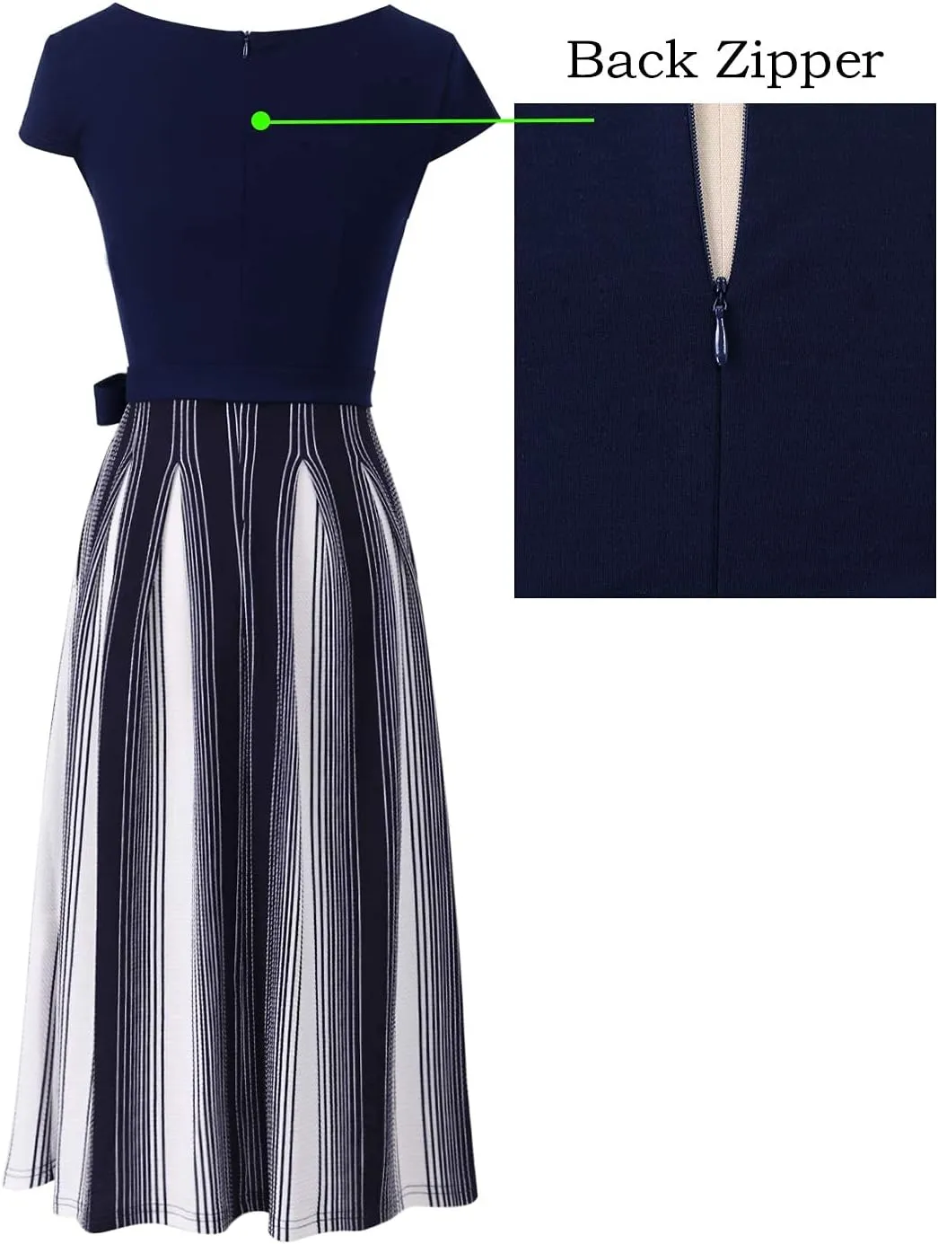 VFSHOW Womens Elegant Patchwork Pockets Belted Pleated Work Office Business Casual Party A-Line Midi Dress