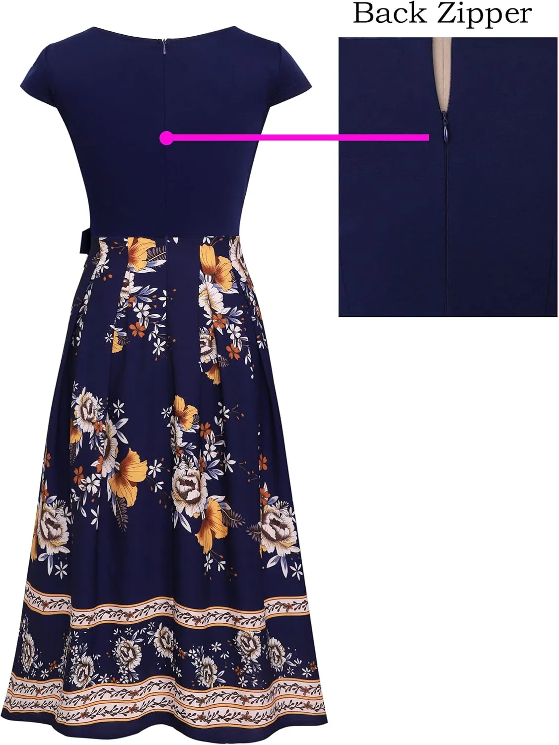 VFSHOW Womens Elegant Patchwork Pockets Belted Pleated Work Office Business Casual Party A-Line Midi Dress