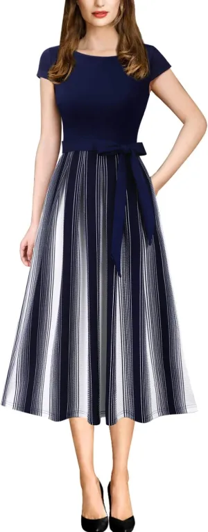VFSHOW Womens Elegant Patchwork Pockets Belted Pleated Work Office Business Casual Party A-Line Midi Dress