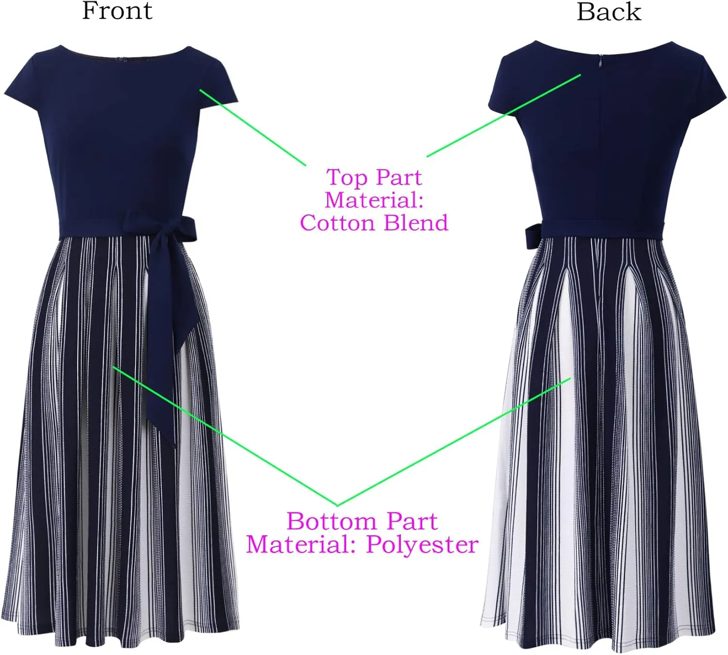 VFSHOW Womens Elegant Patchwork Pockets Belted Pleated Work Office Business Casual Party A-Line Midi Dress