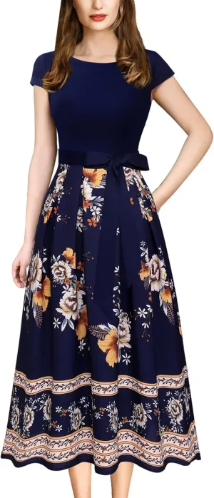 VFSHOW Womens Elegant Patchwork Pockets Belted Pleated Work Office Business Casual Party A-Line Midi Dress