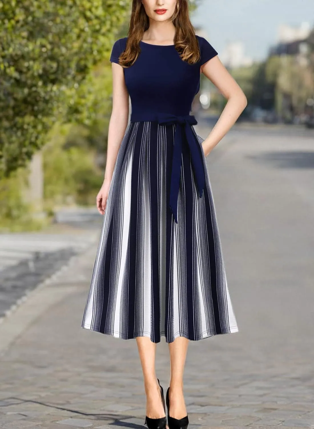 VFSHOW Womens Elegant Patchwork Pockets Belted Pleated Work Office Business Casual Party A-Line Midi Dress