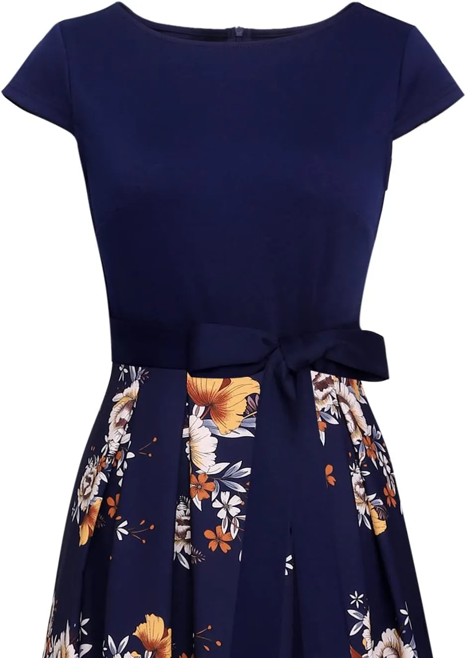 VFSHOW Womens Elegant Patchwork Pockets Belted Pleated Work Office Business Casual Party A-Line Midi Dress