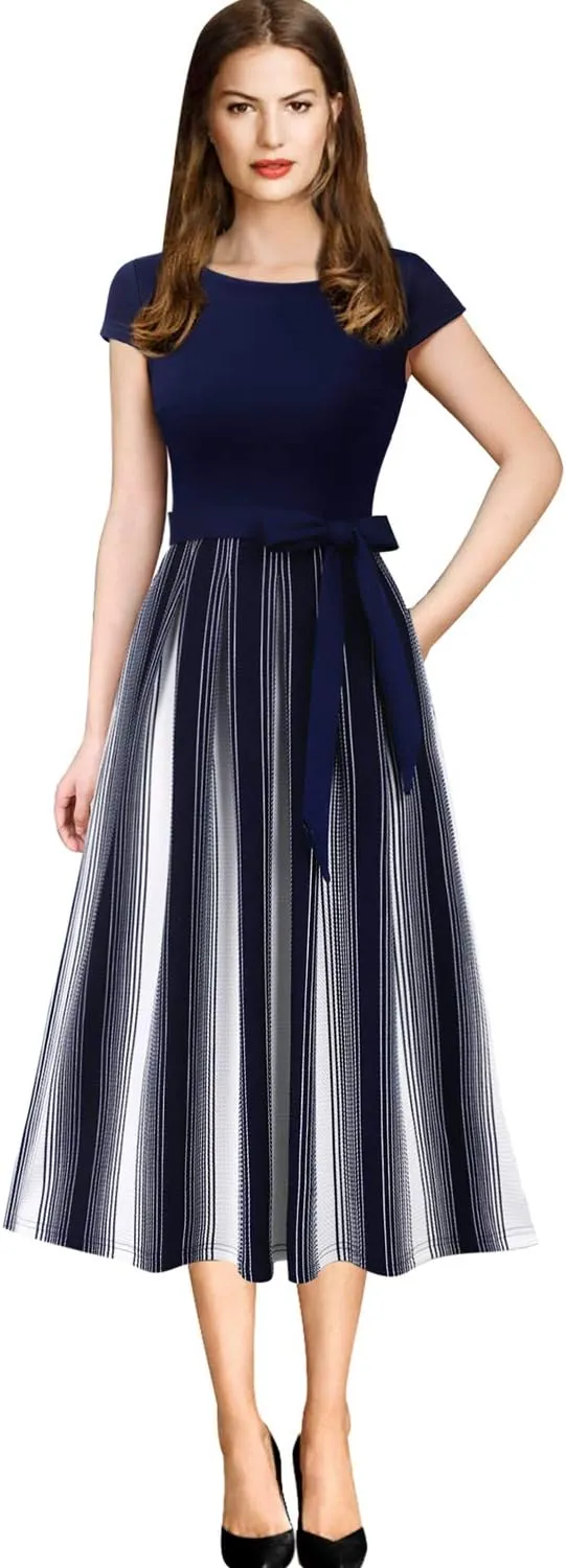 VFSHOW Womens Elegant Patchwork Pockets Belted Pleated Work Office Business Casual Party A-Line Midi Dress