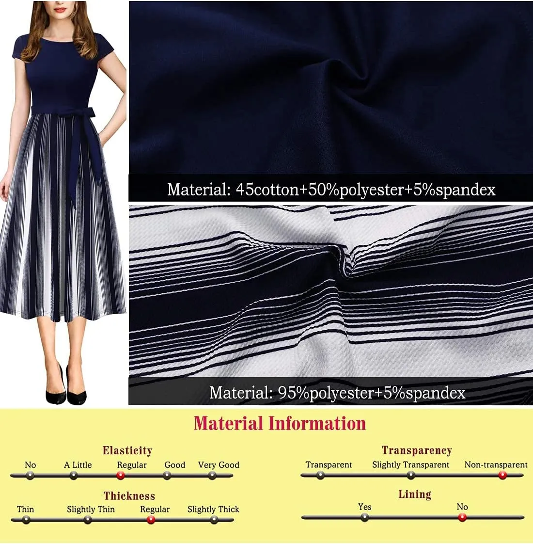 VFSHOW Womens Elegant Patchwork Pockets Belted Pleated Work Office Business Casual Party A-Line Midi Dress