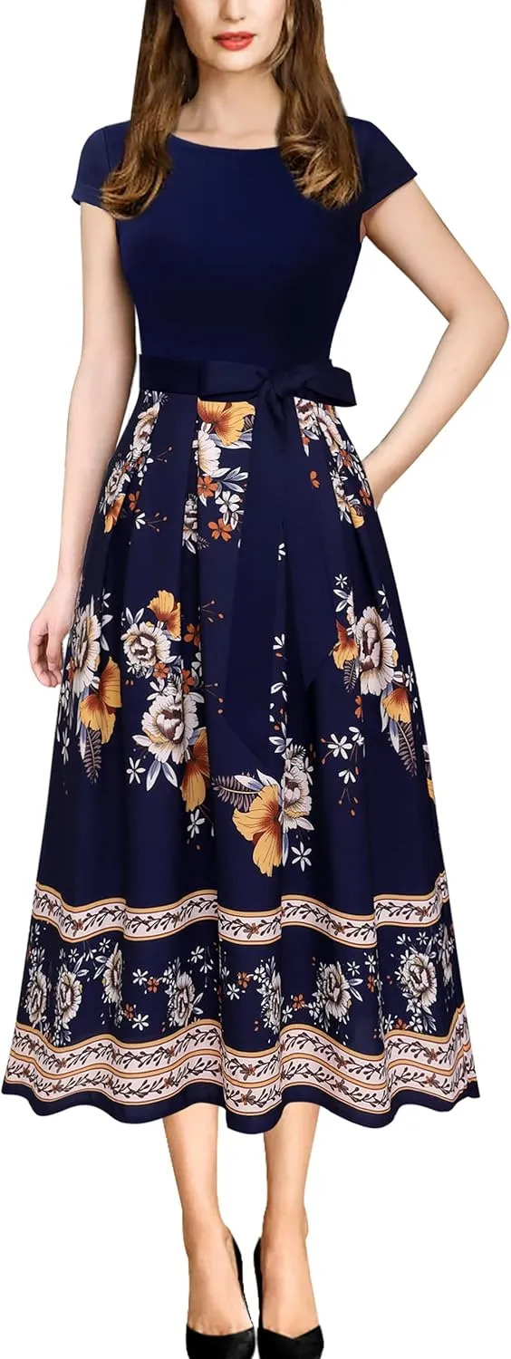 VFSHOW Womens Elegant Patchwork Pockets Belted Pleated Work Office Business Casual Party A-Line Midi Dress