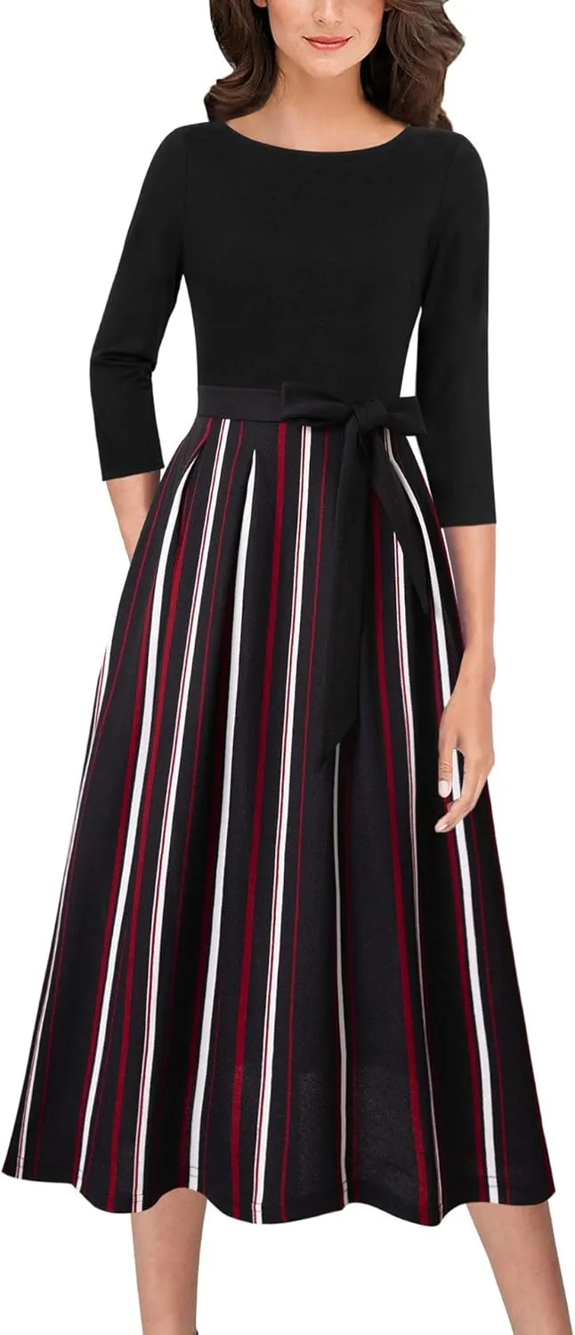 VFSHOW Womens Elegant Pockets Belted Work Business Office Casual Party Pleated A-Line Midi Dress