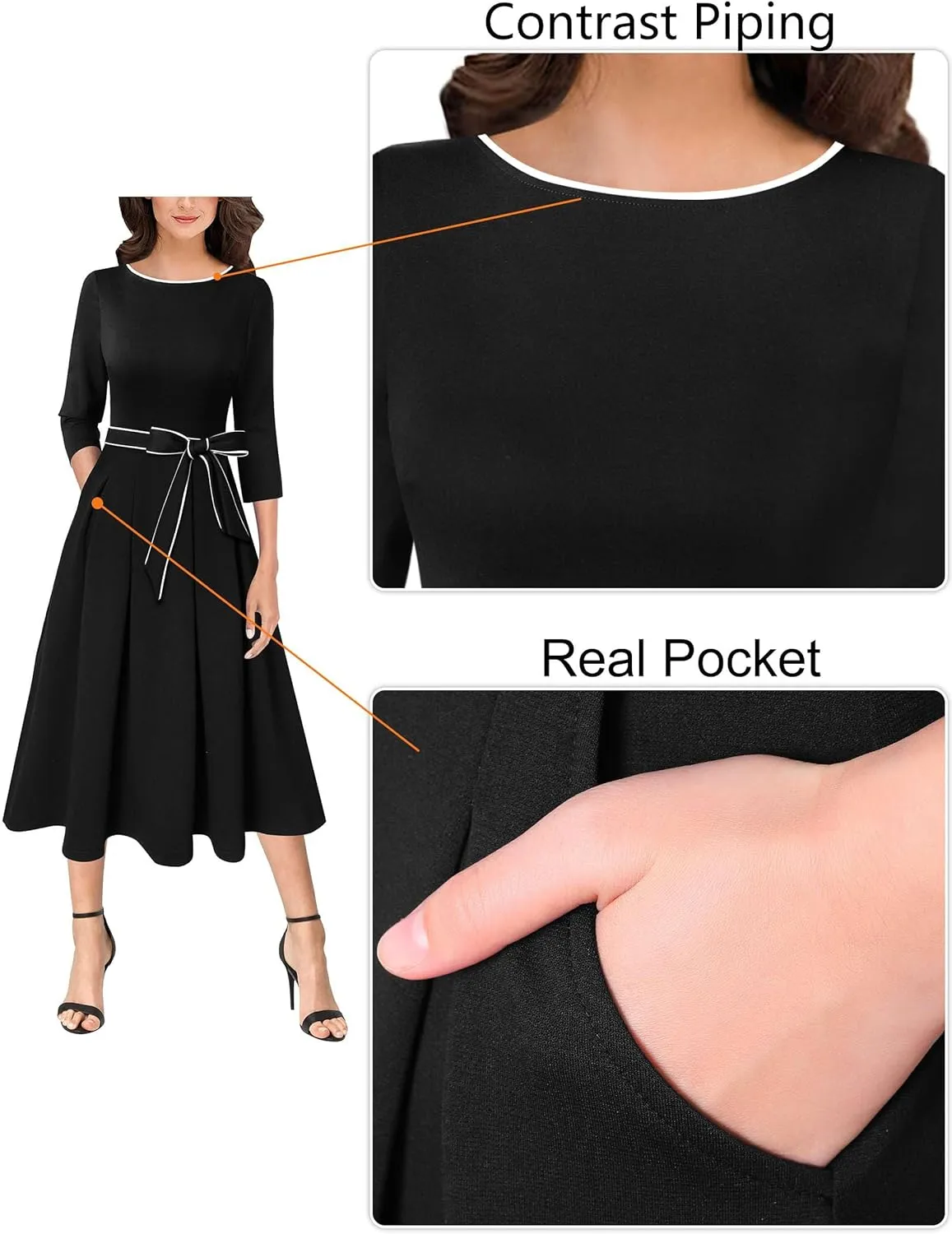 VFSHOW Womens Elegant Pockets Belted Work Business Office Casual Party Pleated A-Line Midi Dress
