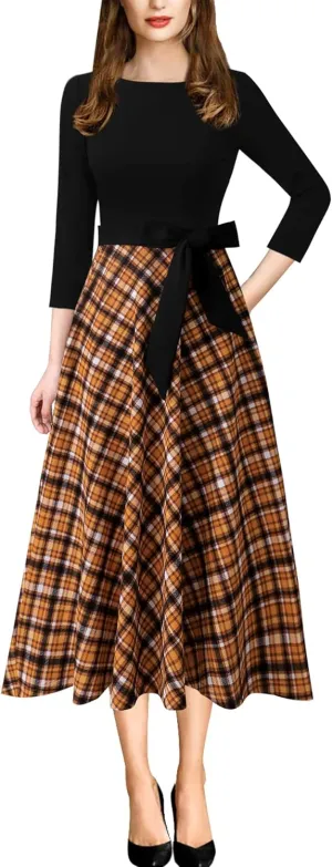 VFSHOW Womens Elegant Pockets Belted Work Business Office Casual Party Pleated A-Line Midi Dress
