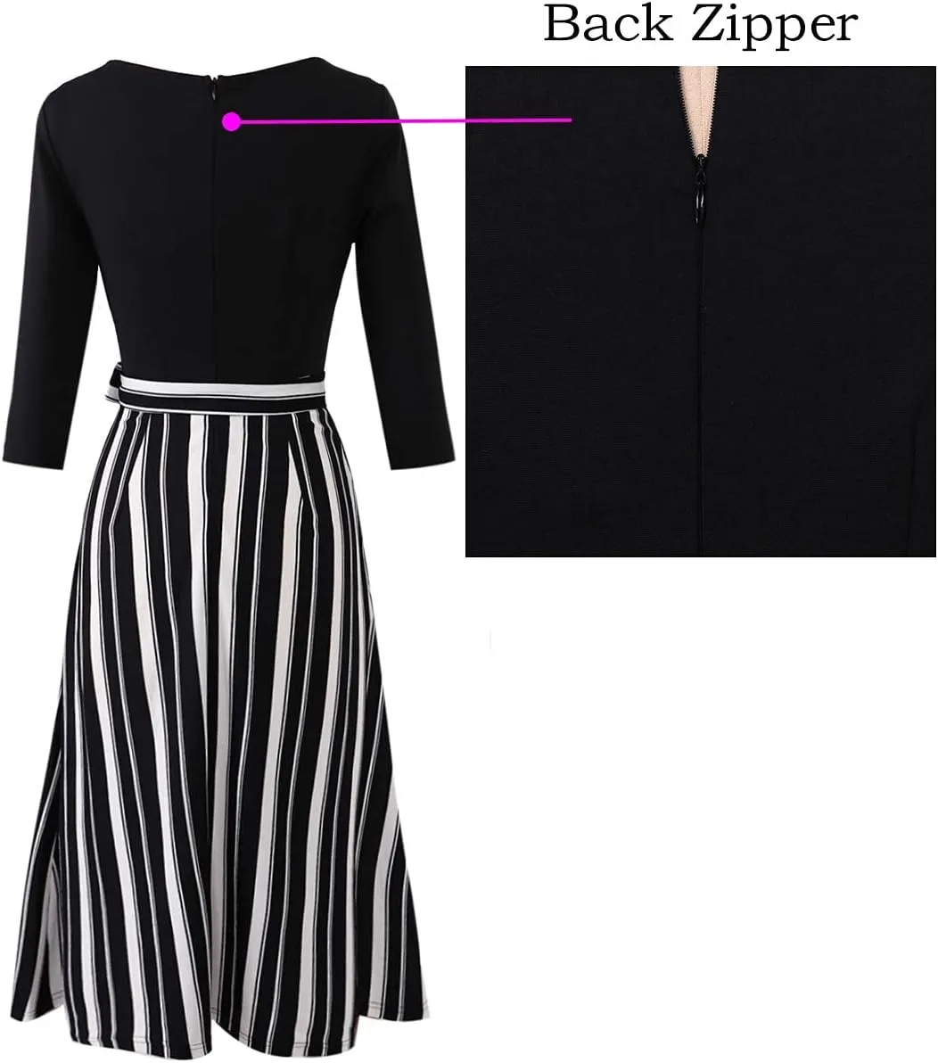 VFSHOW Womens Elegant Pockets Belted Work Business Office Casual Party Pleated A-Line Midi Dress
